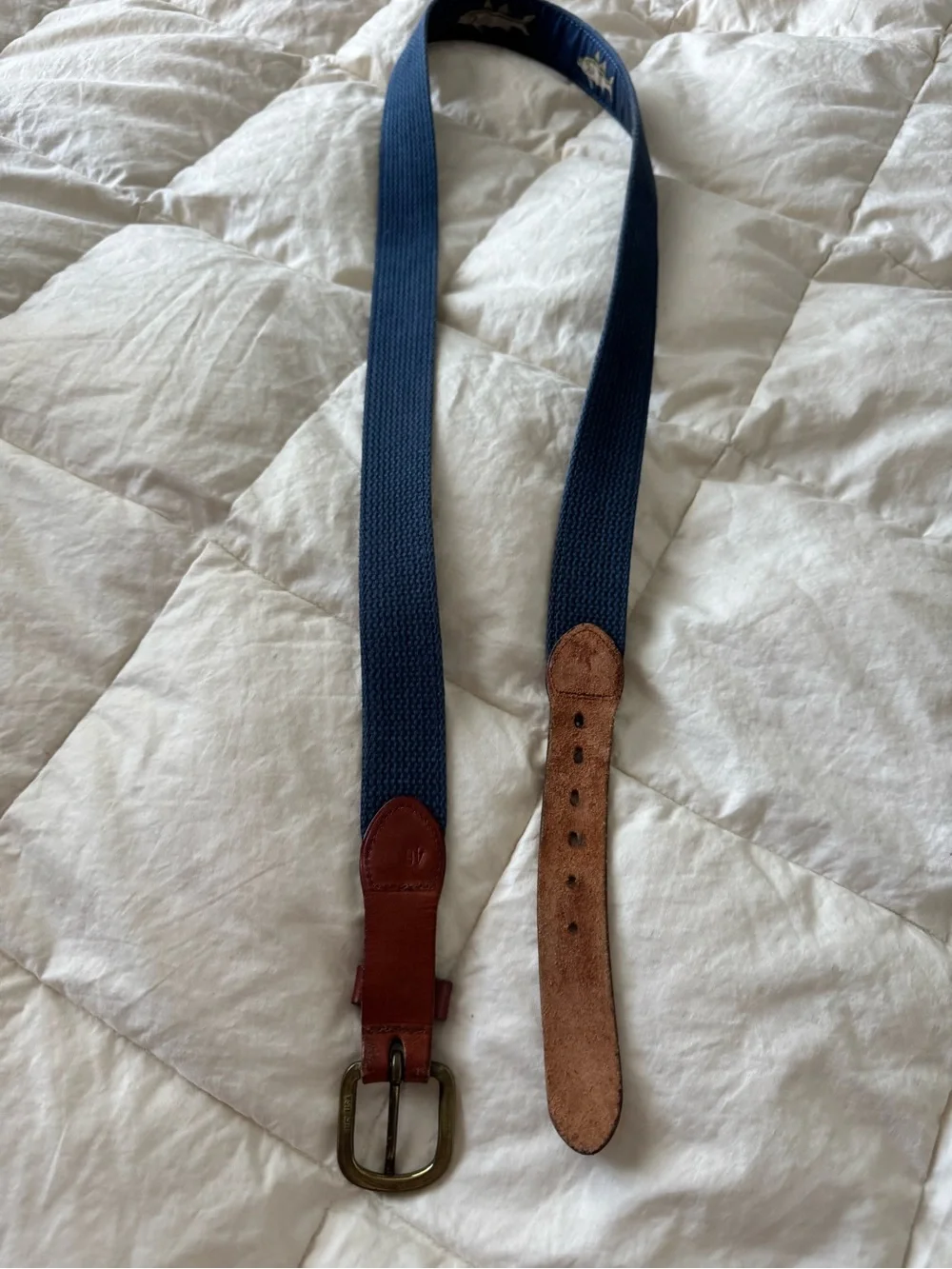 Vintage Navy Fish Embroidered Belt with Leather Trim – Size 46